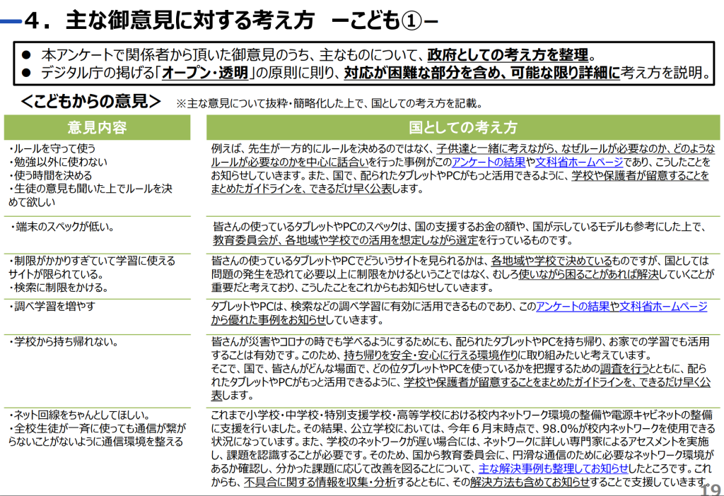 デジタル省庁アンケート結果の分析・考察主な御意見に対する考え方こども