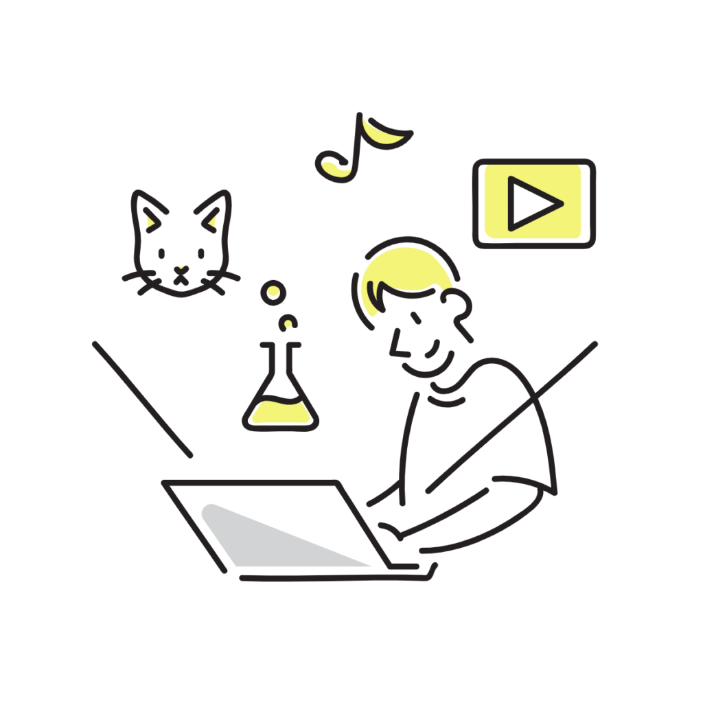 パソコンを使い、編集を行っている男性のイラスト。